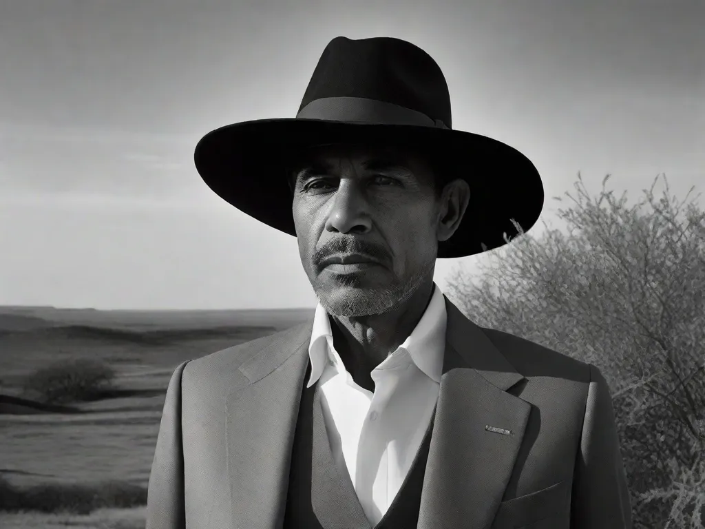 Uma fotografia em preto e branco de uma figura solitária em pé em uma paisagem desolada. A pessoa está vestindo um terno, seu rosto obscurecido por um chapéu de aba larga. A imagem captura a sensação de introspecção e existencialismo associada às obras do poeta brasileiro Augusto dos Anjos.