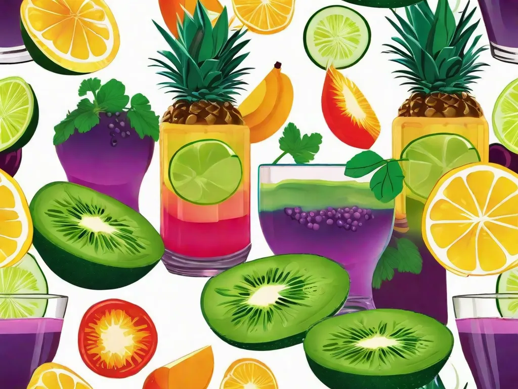 Uma imagem vibrante de um copo cheio de um suco desintoxicante colorido e refrescante. O suco é feito de uma mistura de frutas e vegetais frescos, como couve, espinafre, abacaxi e pepino. As cores vibrantes destacam os benefícios para a saúde desta bebida nutritiva, convidando os espectadores a experimentá-la.