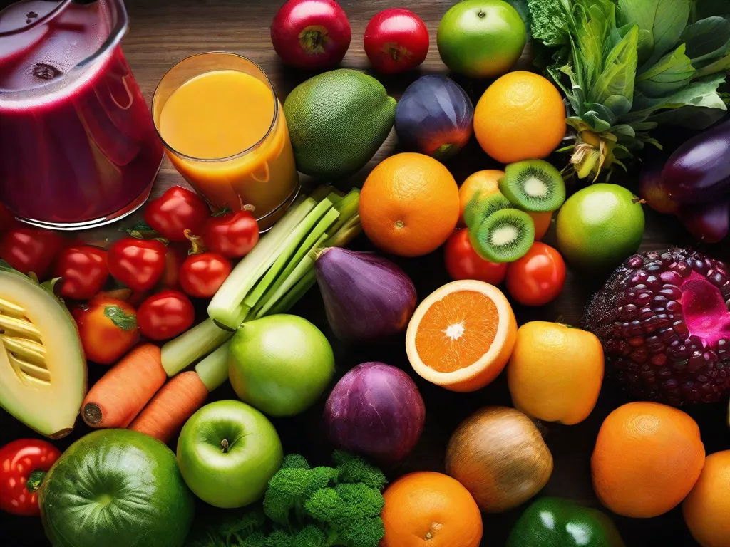 Uma imagem vibrante de um copo cheio de uma variedade colorida de frutas e legumes frescos, representando uma variedade de sucos detox. As cores vivas de verde, laranja e roxo destacam a bondade natural e os benefícios para a saúde dessas bebidas refrescantes e revitalizantes.