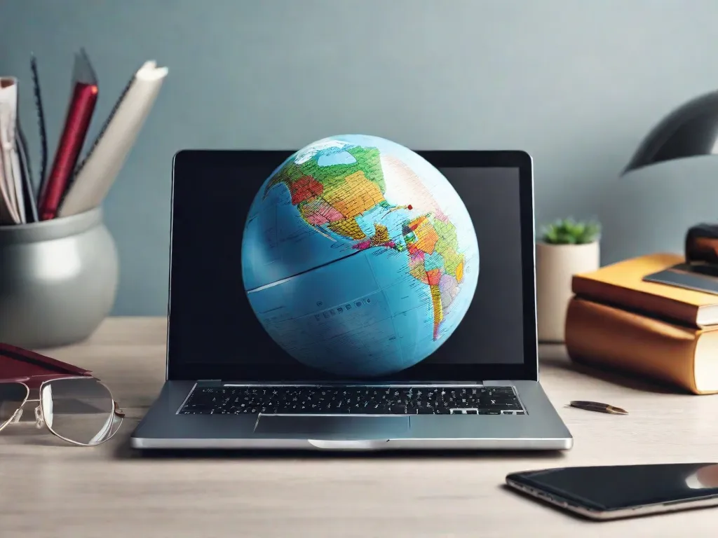Um laptop com um globo em sua tela, simbolizando o conceito de trabalho online. O laptop está cercado por vários ícones que representam diferentes oportunidades de trabalho online, como redação freelance, design gráfico, assistência virtual e comércio eletrônico. Essa imagem retrata a flexibilidade e conveniência de trabalhar online de qualquer lugar do mundo.