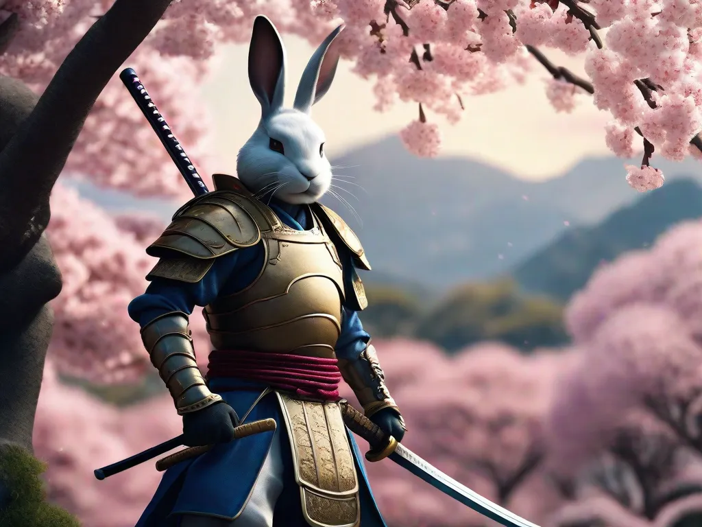 Um solitário coelho samurai, Usagi Yojimbo, ergue-se alto em meio a uma paisagem serena repleta de cerejeiras em flor. Vestido com armadura tradicional e empunhando sua katana, ele exala um senso de honra e determinação, pronto para embarcar em sua épica saga de aventura e lealdade.