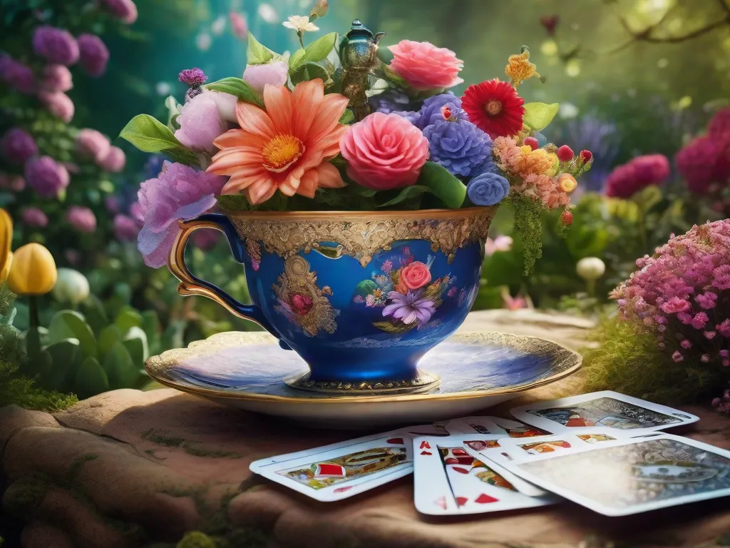 Descrição: Uma imagem encantadora de uma xícara de chá colorida e gigante rodeada por um jardim exuberante. A xícara é adornada com cartas de baralho, bules de chá e flores, lembrando as aventuras de Alice no País das Maravilhas. Ela captura a essência mágica da história, convidando os espectadores a adentrarem um mundo de mar