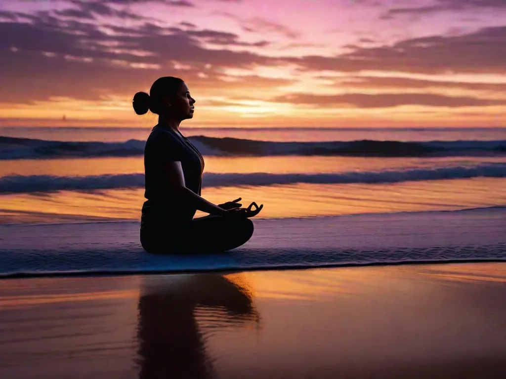Uma imagem serena mostrando uma pessoa praticando yoga em uma praia dourada ao amanhecer. A silhueta do iogue é destacada contra as cores vibrantes do céu, enquanto eles realizam graciosamente uma postura de equilíbrio, exalando paz e tranquilidade. As ondas do oceano batem suavemente ao fundo, adicionando à sensação geral de serenidade.