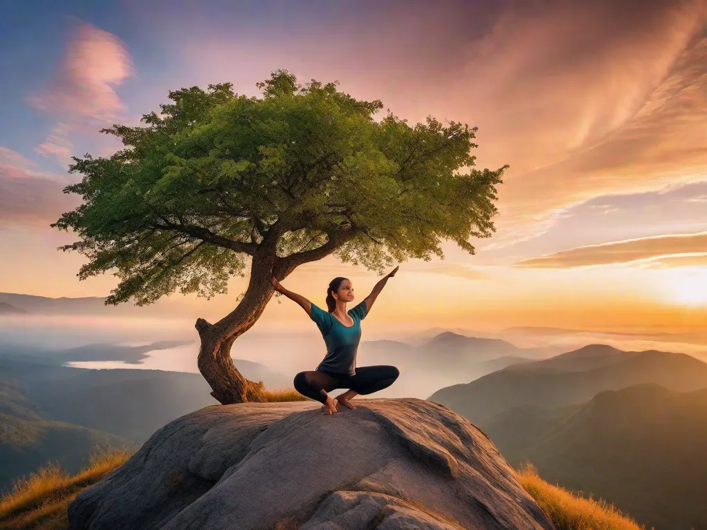 Uma imagem serena de uma mulher praticando yoga no topo de uma montanha ao amanhecer. Ela está em uma posição meditativa, cercada por uma paisagem deslumbrante e um céu calmo e claro. A imagem captura a essência da paz, equilíbrio e força interior que o yoga proporciona.