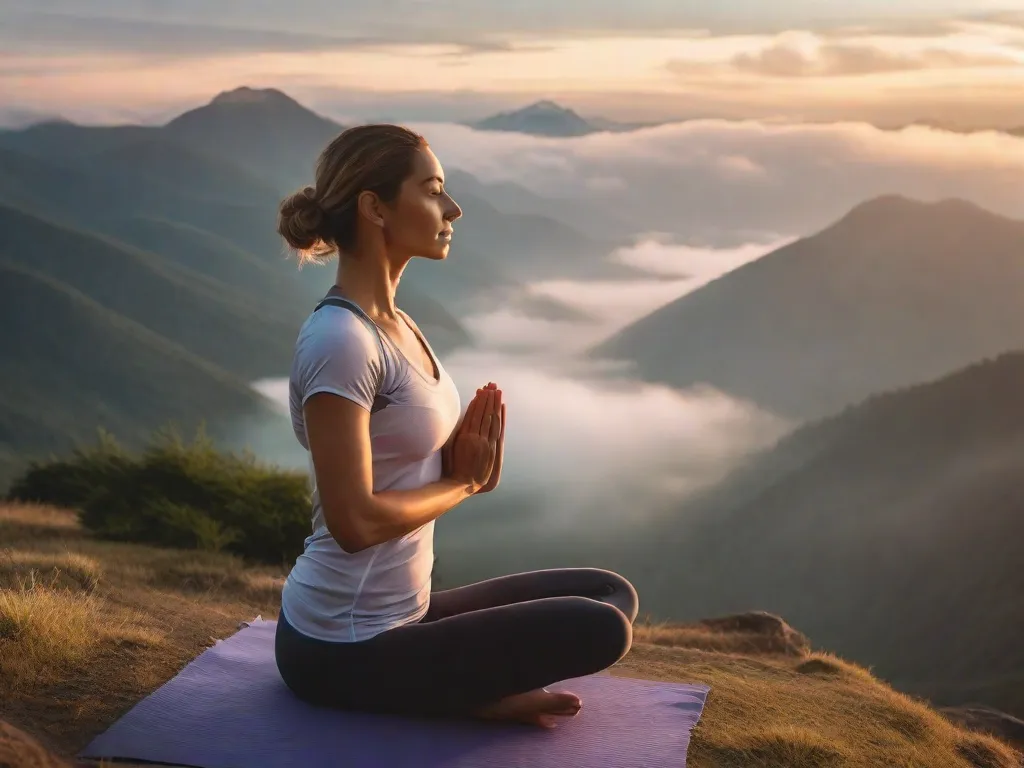 Uma imagem serena de uma mulher praticando yoga no topo de uma montanha ao amanhecer. Ela está elegantemente se esticando em uma pose de guerreira pacífica, cercada pela beleza de tirar o fôlego da natureza. Os tons suaves do céu e a névoa suave ao longe adicionam à atmosfera tranquila.